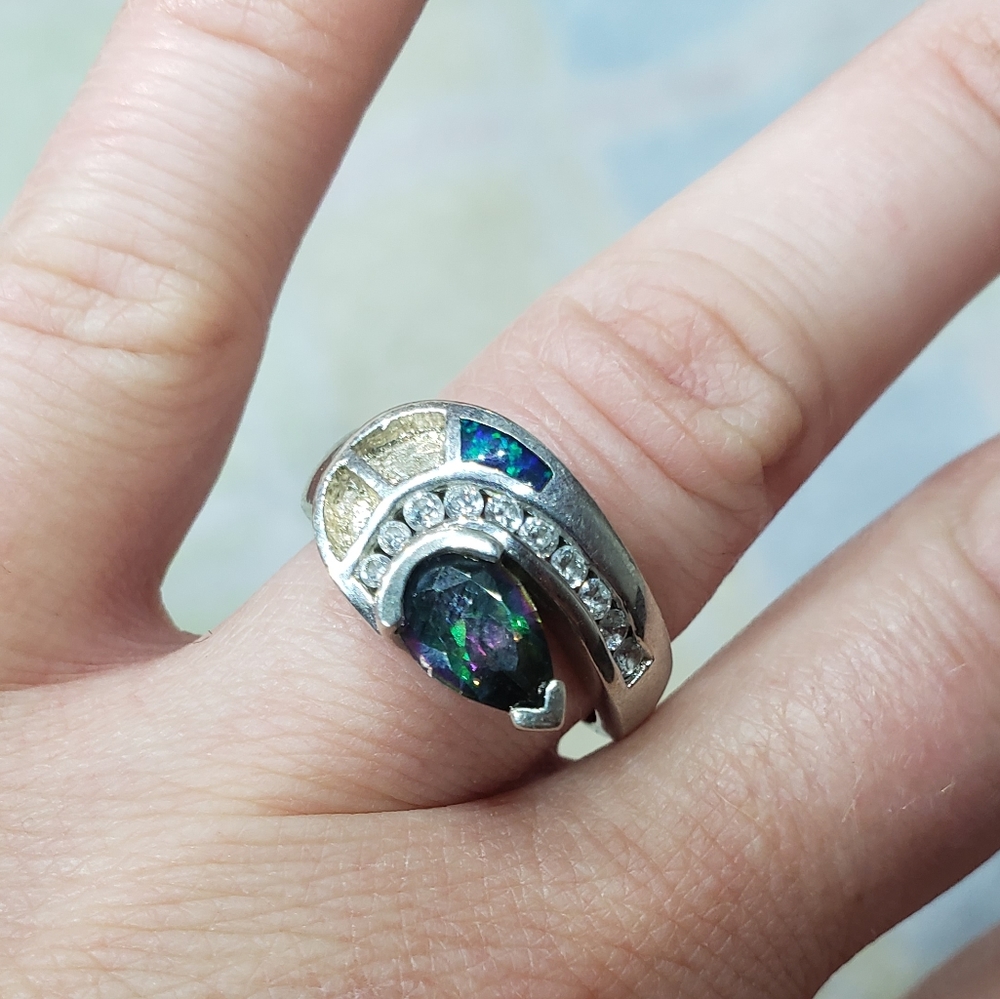 Signed Vintage Mystic Topaz and Fire Opal "As Is" 925 Sterling Silver Ring
